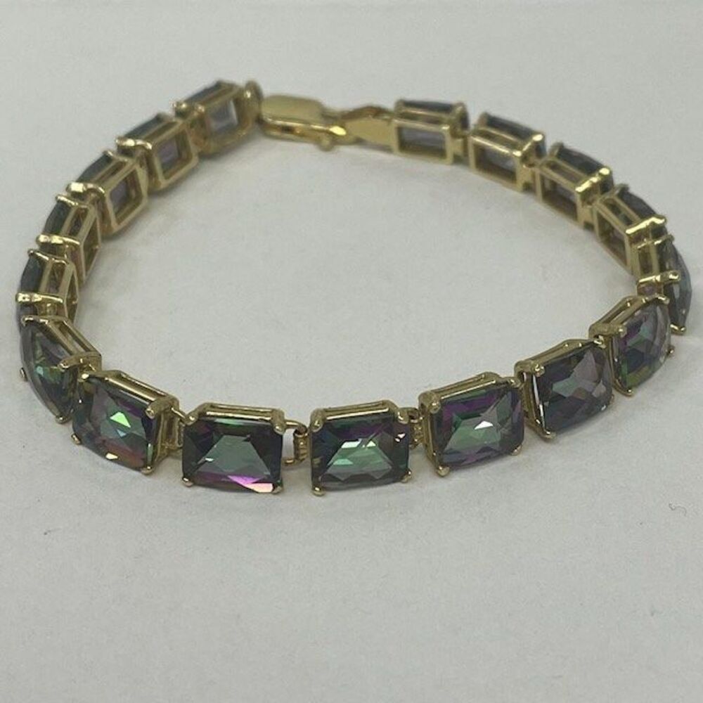 Mystic Topaz Checkerboard Emerald Cut Gemstone 14kt Yellow Gold Tennis Bracelet